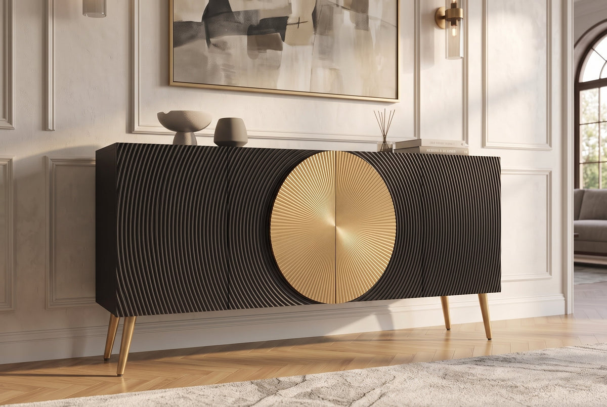 Buffet massif AURUM 180cm en manguier noir avec élément doré emblématique