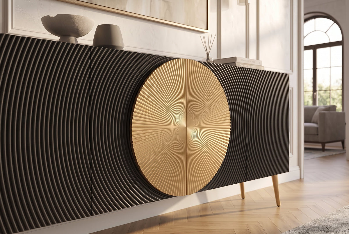 Buffet massif AURUM 180cm en manguier noir avec élément doré emblématique