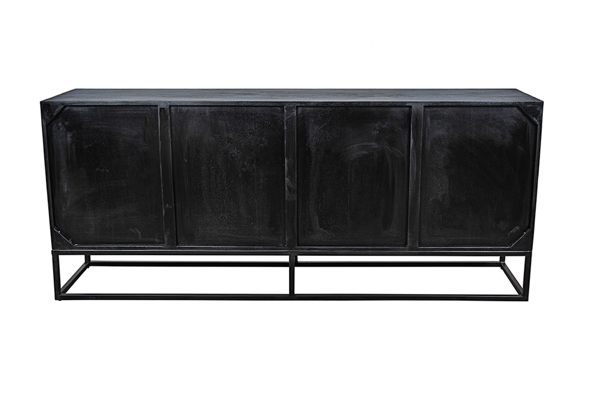 Buffet massif BARRACUDA 180cm en manguier marron avec façade en teck métal noir