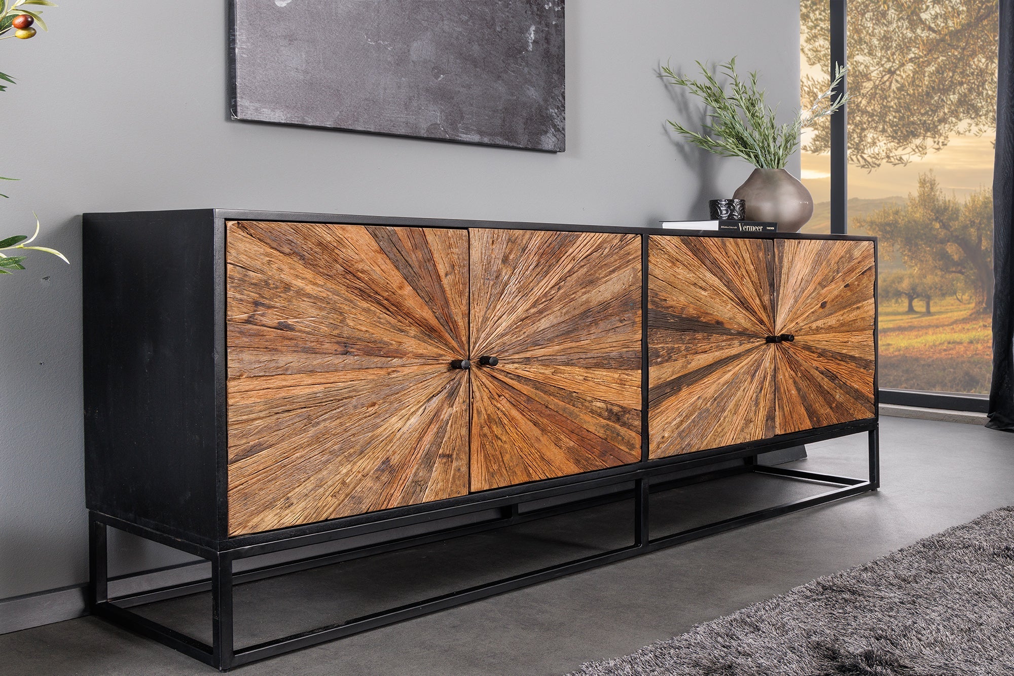Buffet massif BARRACUDA 180cm en manguier marron avec façade en teck métal noir