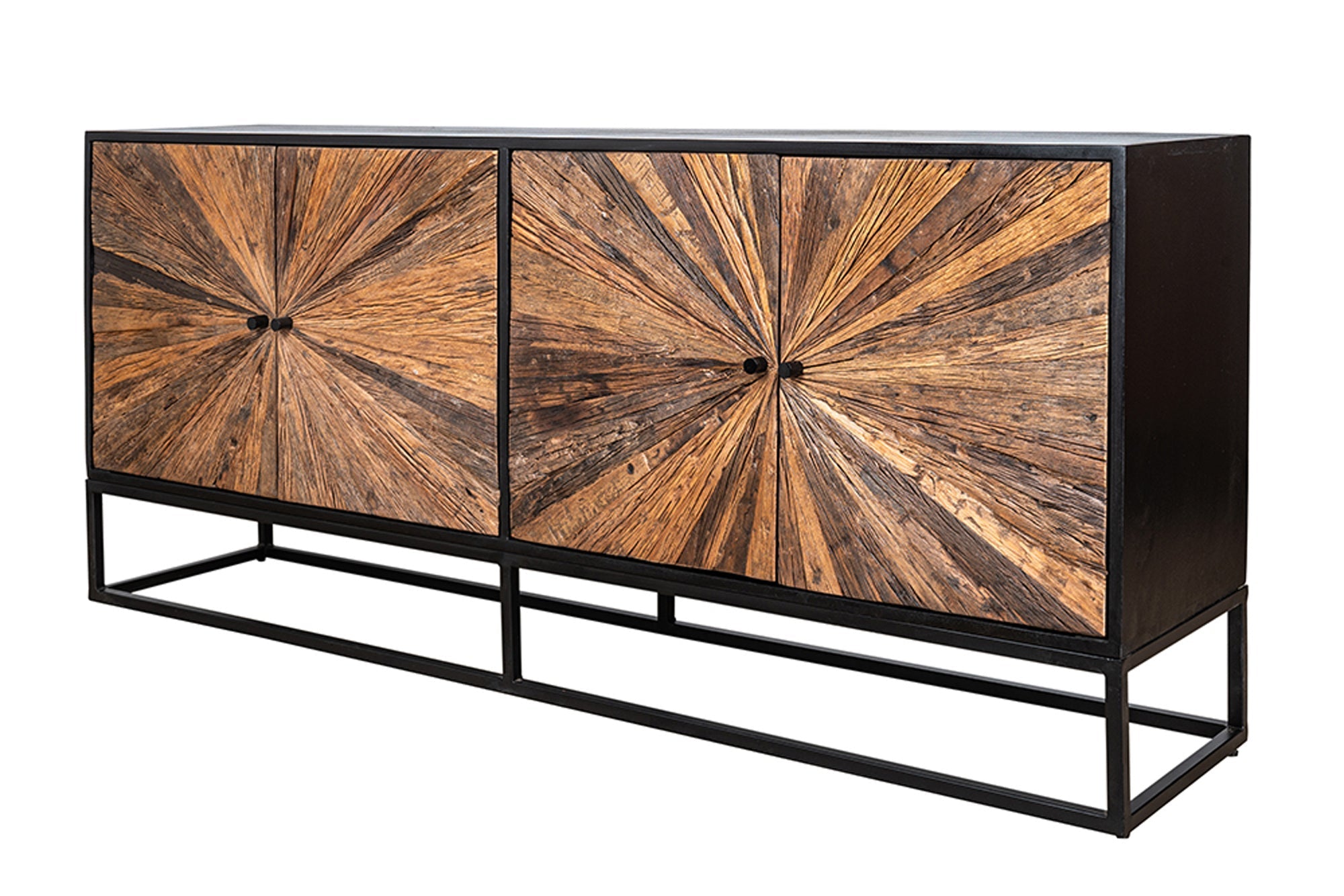 Buffet massif BARRACUDA 180cm en manguier marron avec façade en teck métal noir