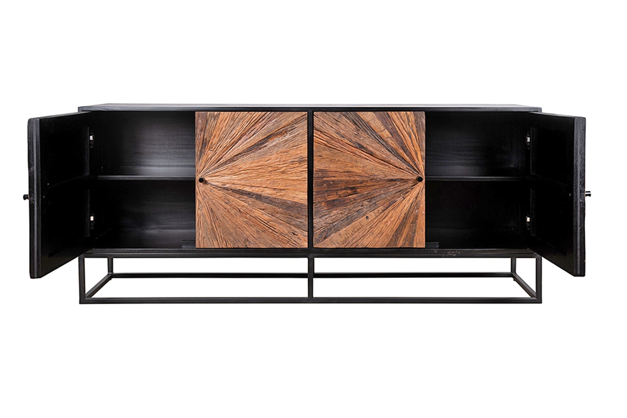 Buffet massif BARRACUDA 180cm en manguier marron avec façade en teck métal noir