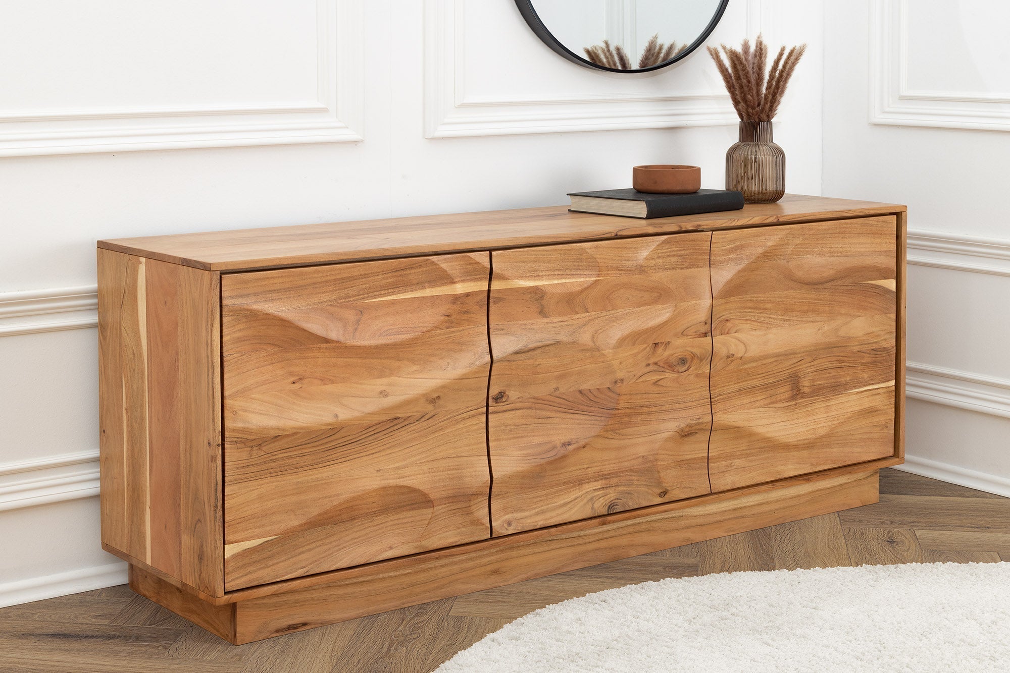 Buffet massif DESERT 160cm bois d’acacia beige sable façade 3D