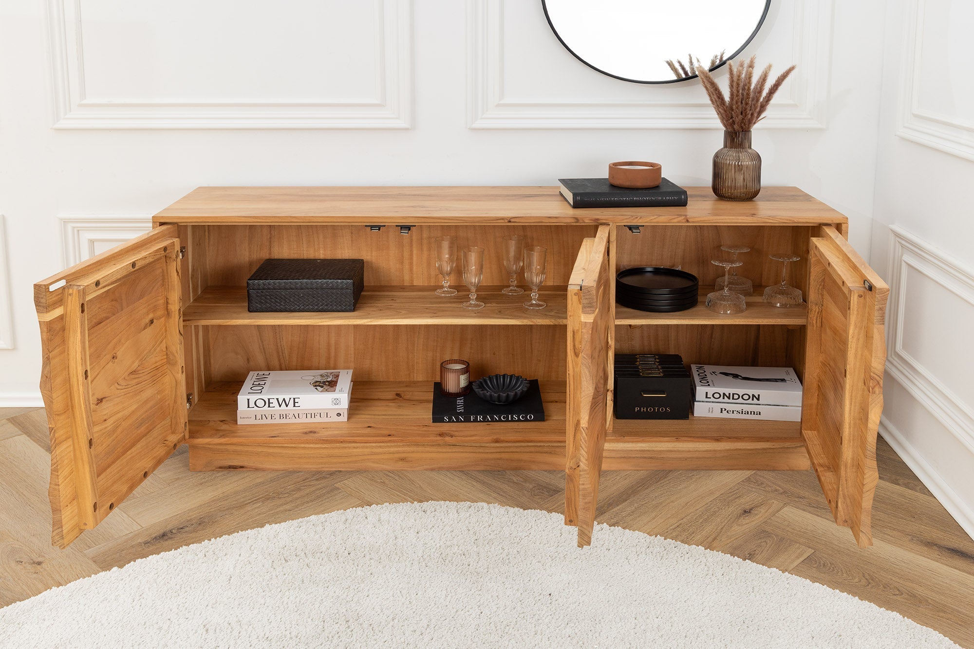 Buffet massif DESERT 160cm bois d’acacia beige sable façade 3D