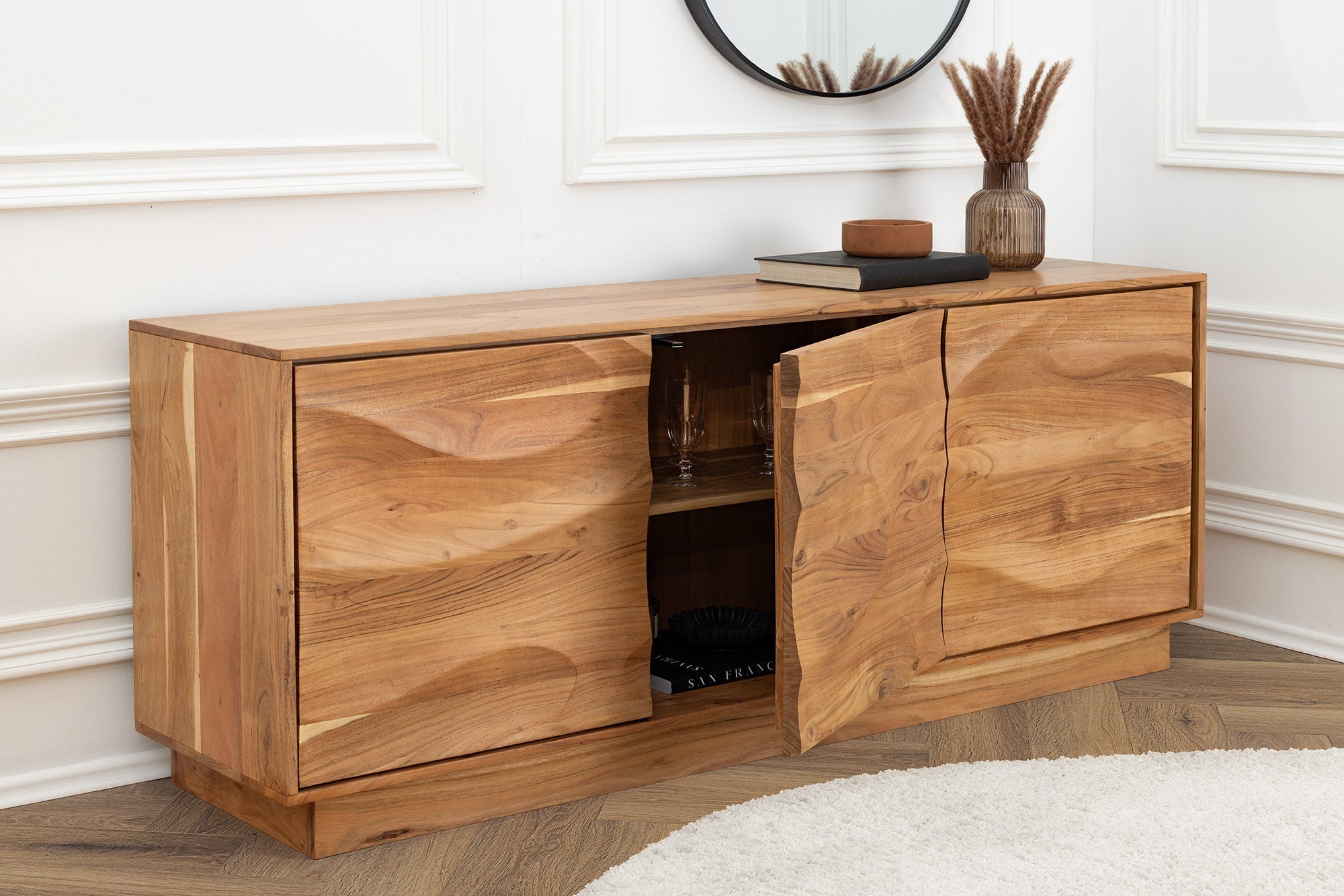Buffet massif DESERT 160cm bois d’acacia beige sable façade 3D