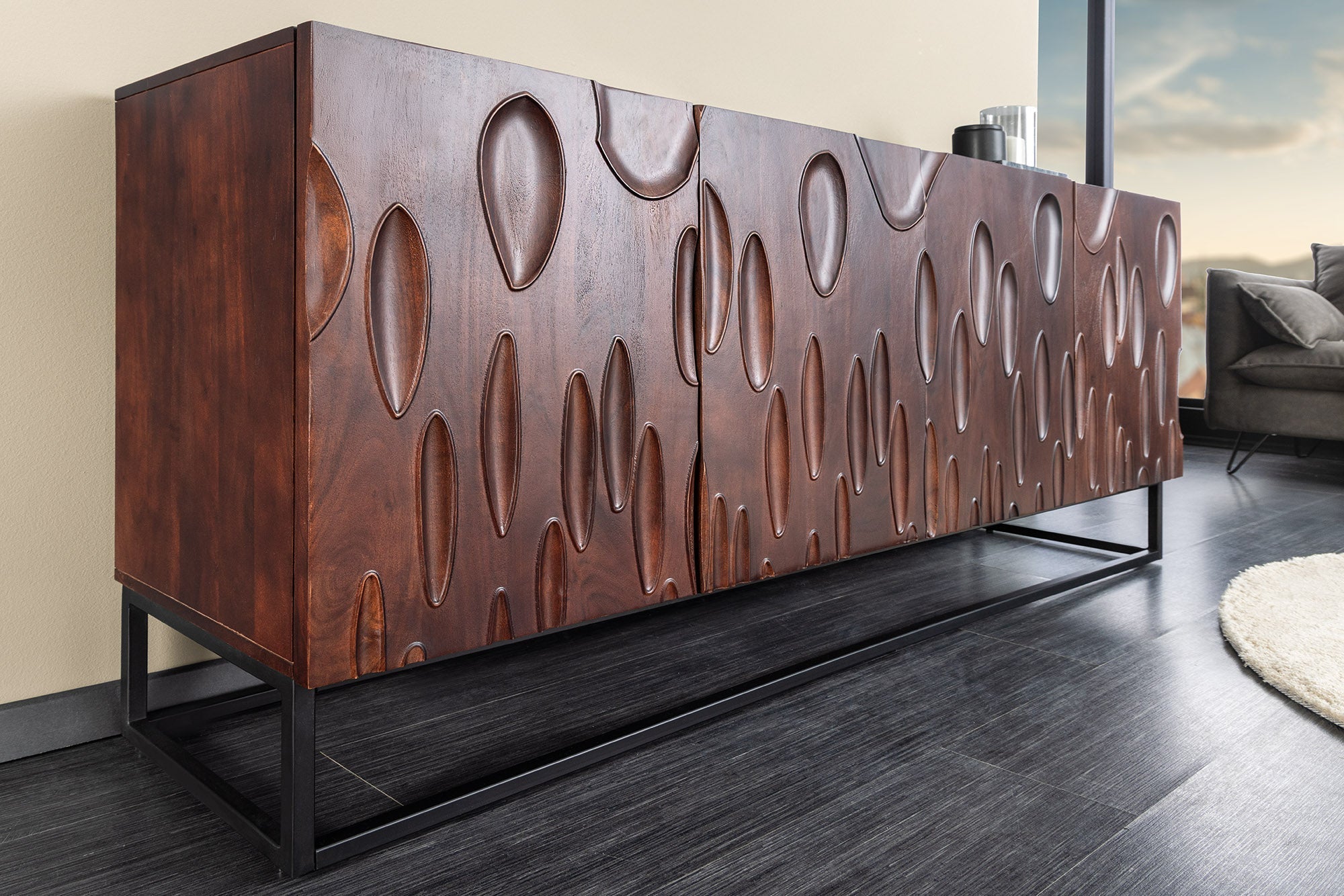 Buffet massif DUNE 175cm bois d’acacia marron noyer design 3D métal noir