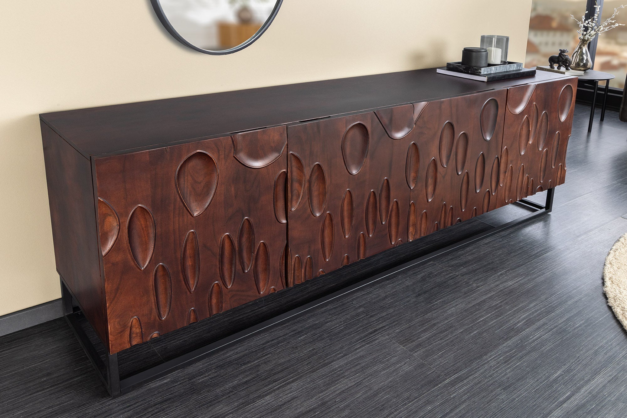 Buffet massif DUNE 175cm bois d’acacia marron noyer design 3D métal noir