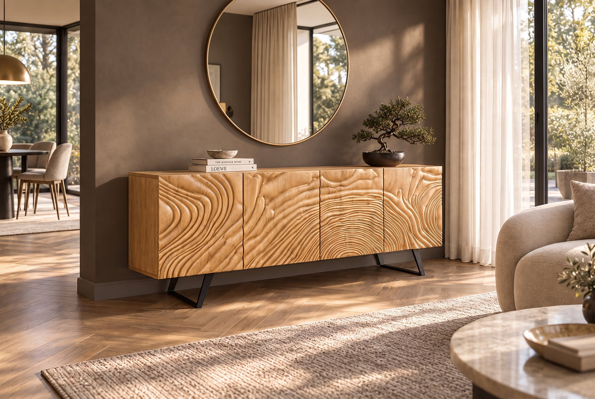 Buffet massif FLUID 175cm en manguier crème structure luge design 3D