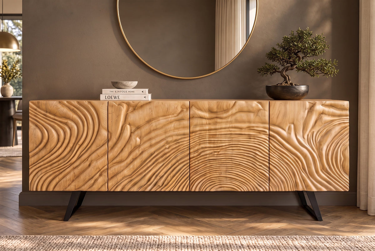 Buffet massif FLUID 175cm en manguier crème structure luge design 3D