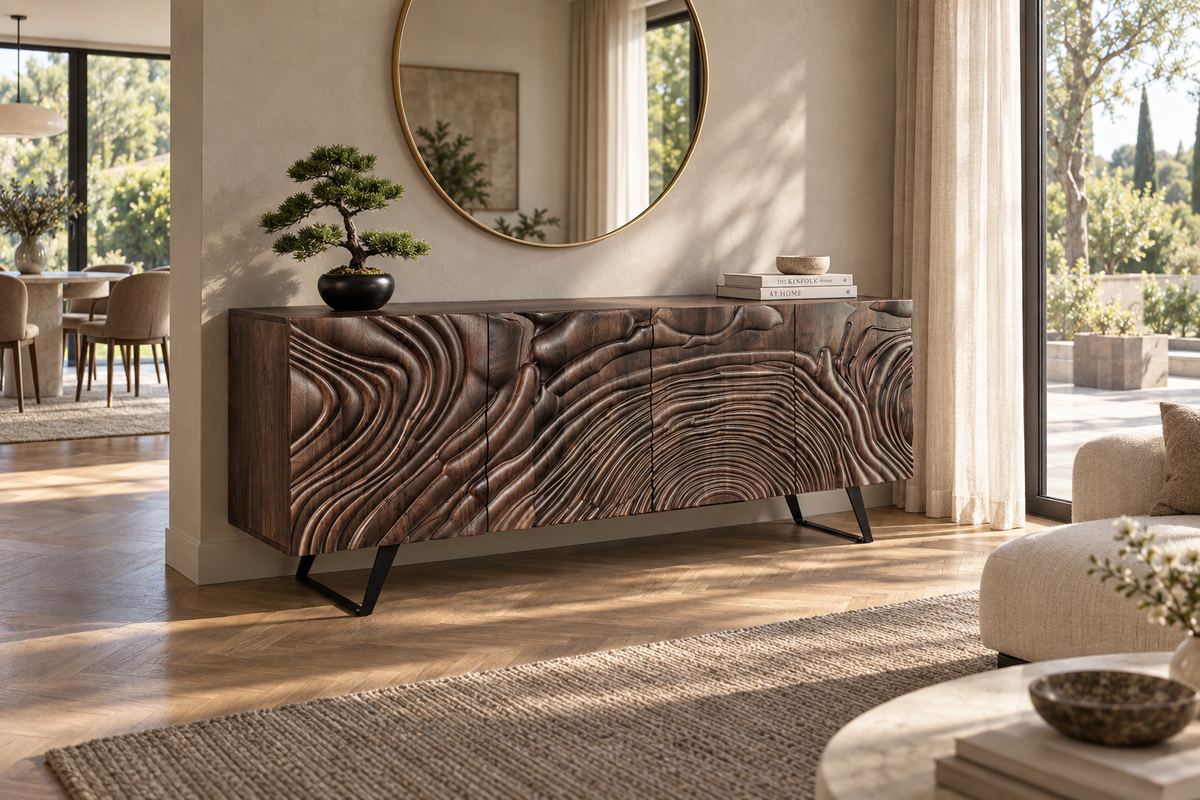 Buffet massif FLUID 175cm en manguier marron structure luge design 3D