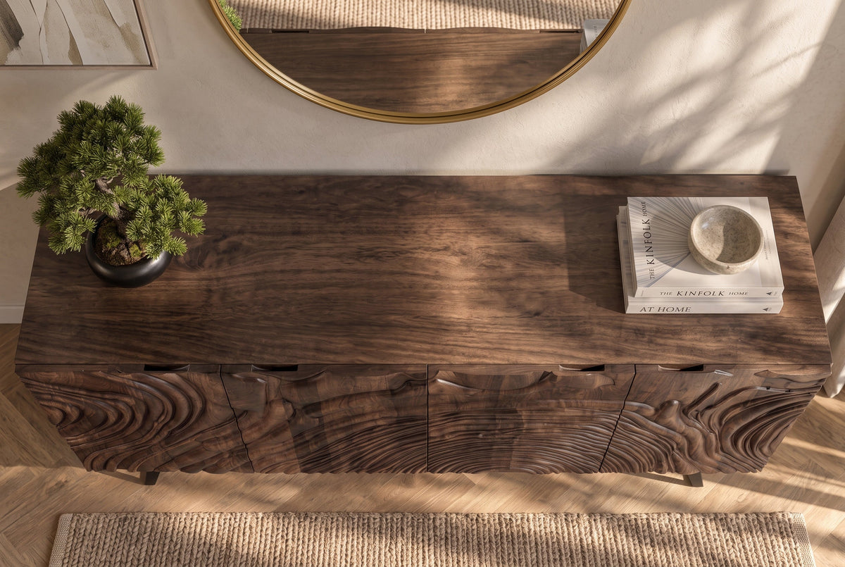 Buffet massif FLUID 175cm en manguier marron structure luge design 3D