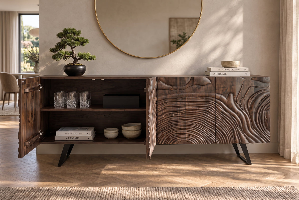 Buffet massif FLUID 175cm en manguier marron structure luge design 3D
