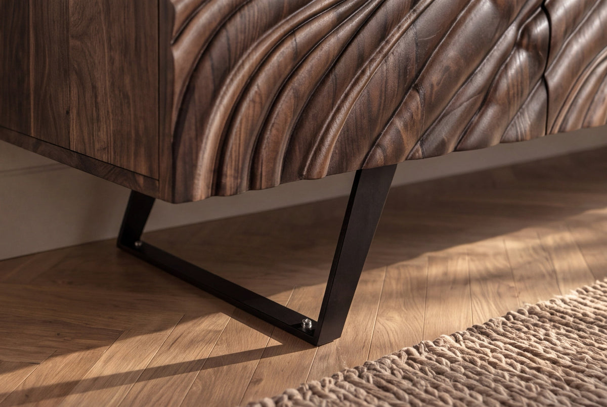 Buffet massif FLUID 175cm en manguier marron structure luge design 3D