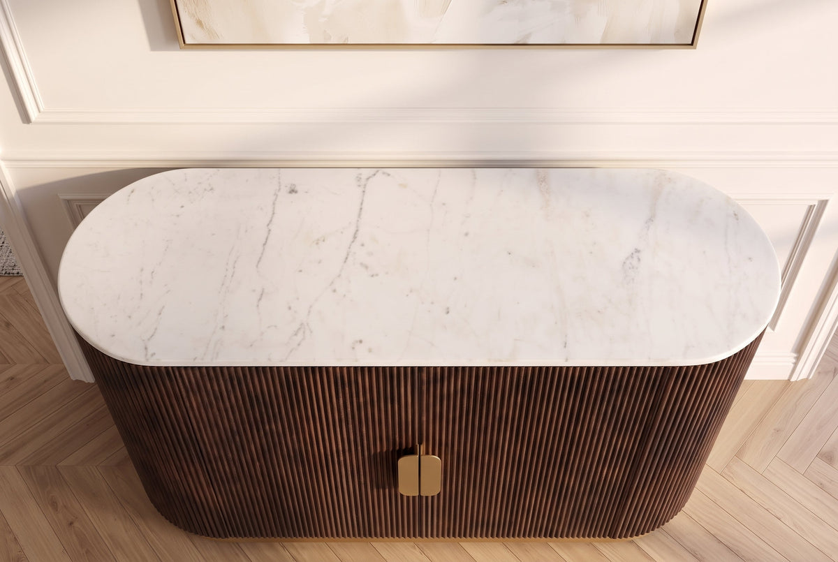 Buffet massif GATSBY 120cm bois de manguier brun métal or plateau de marbre blanc