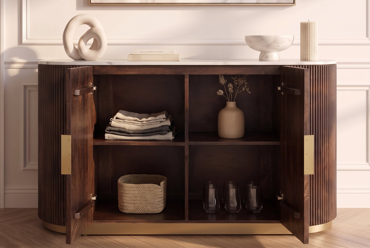 Buffet massif GATSBY 120cm bois de manguier brun métal or plateau de marbre blanc