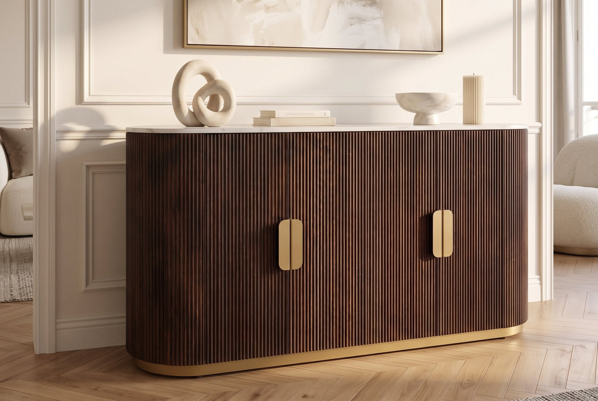 Buffet massif GATSBY 140cm bois de manguier brun métal doré plateau en marbre blanc