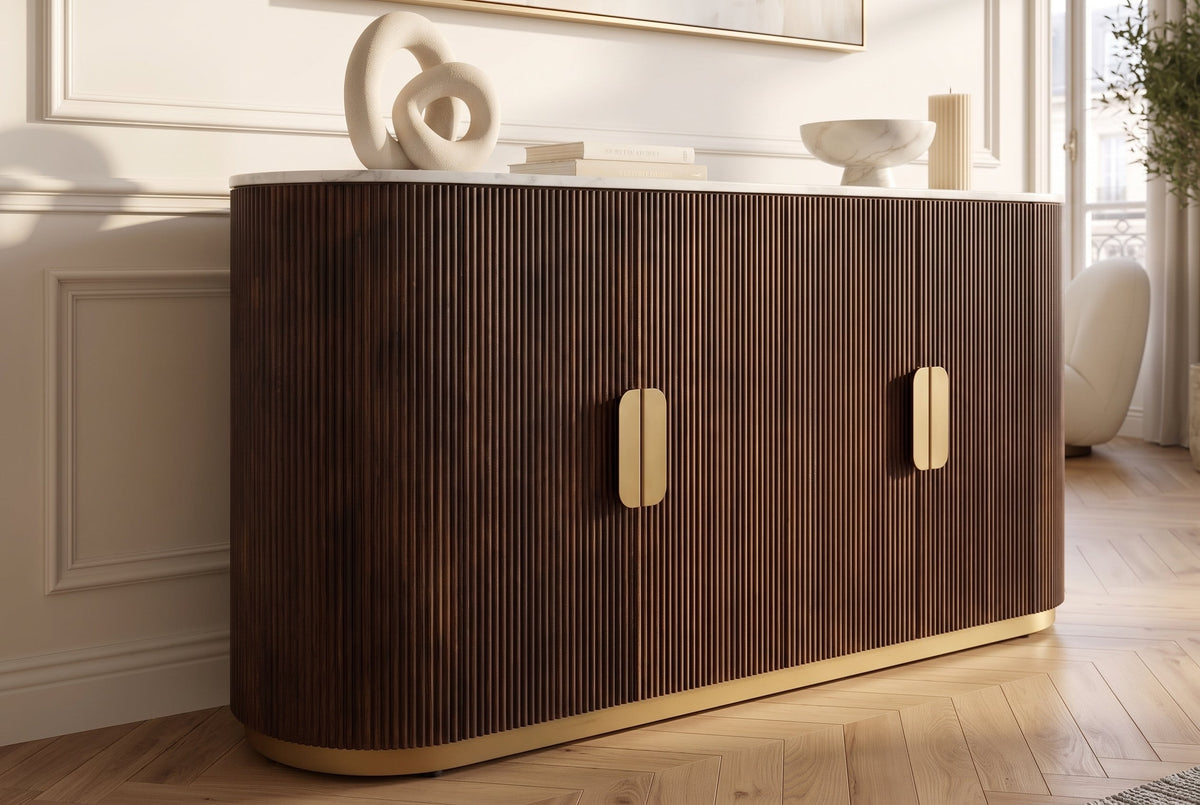 Buffet massif GATSBY 140cm bois de manguier brun métal doré plateau en marbre blanc