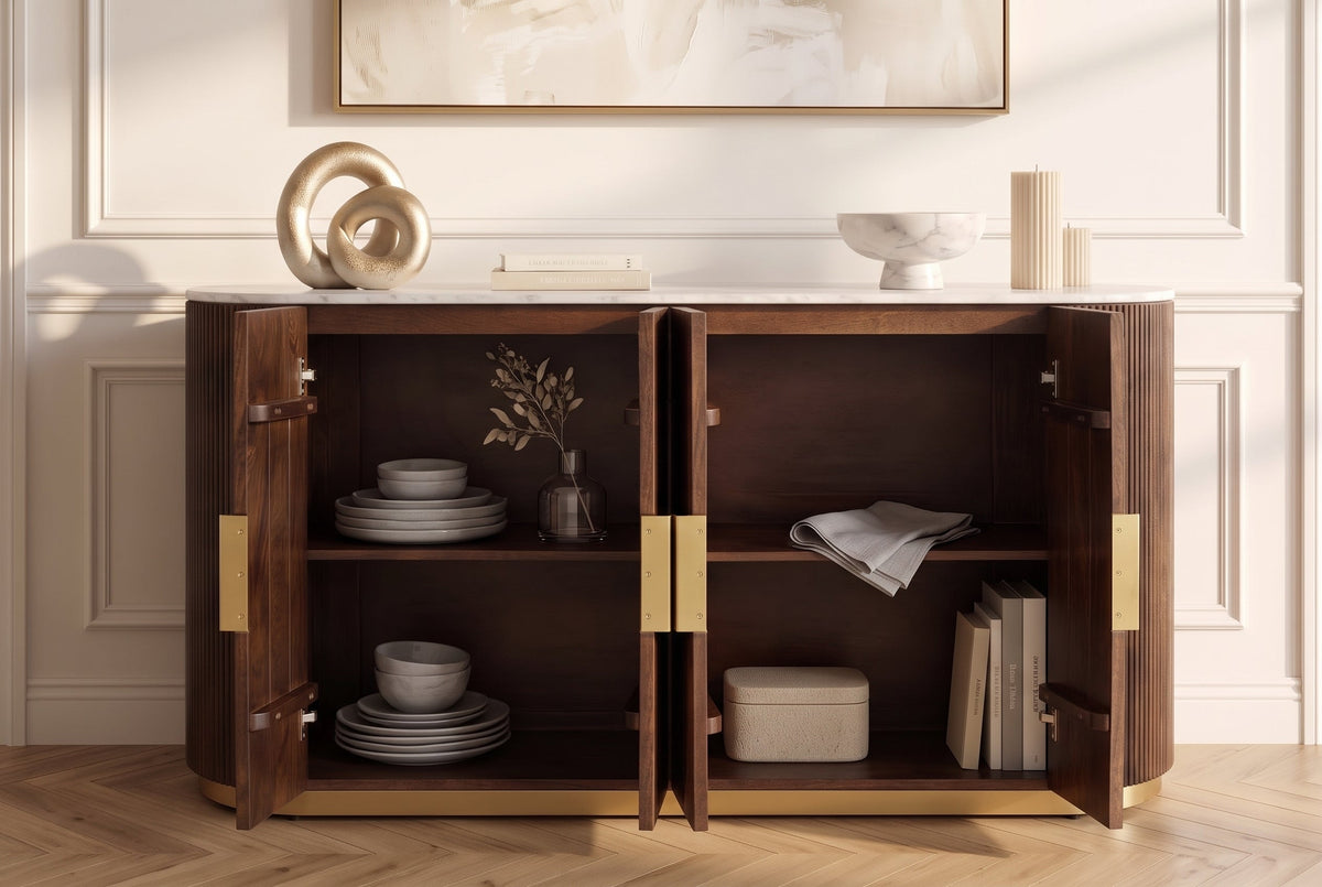 Buffet massif GATSBY 140cm bois de manguier brun métal doré plateau en marbre blanc
