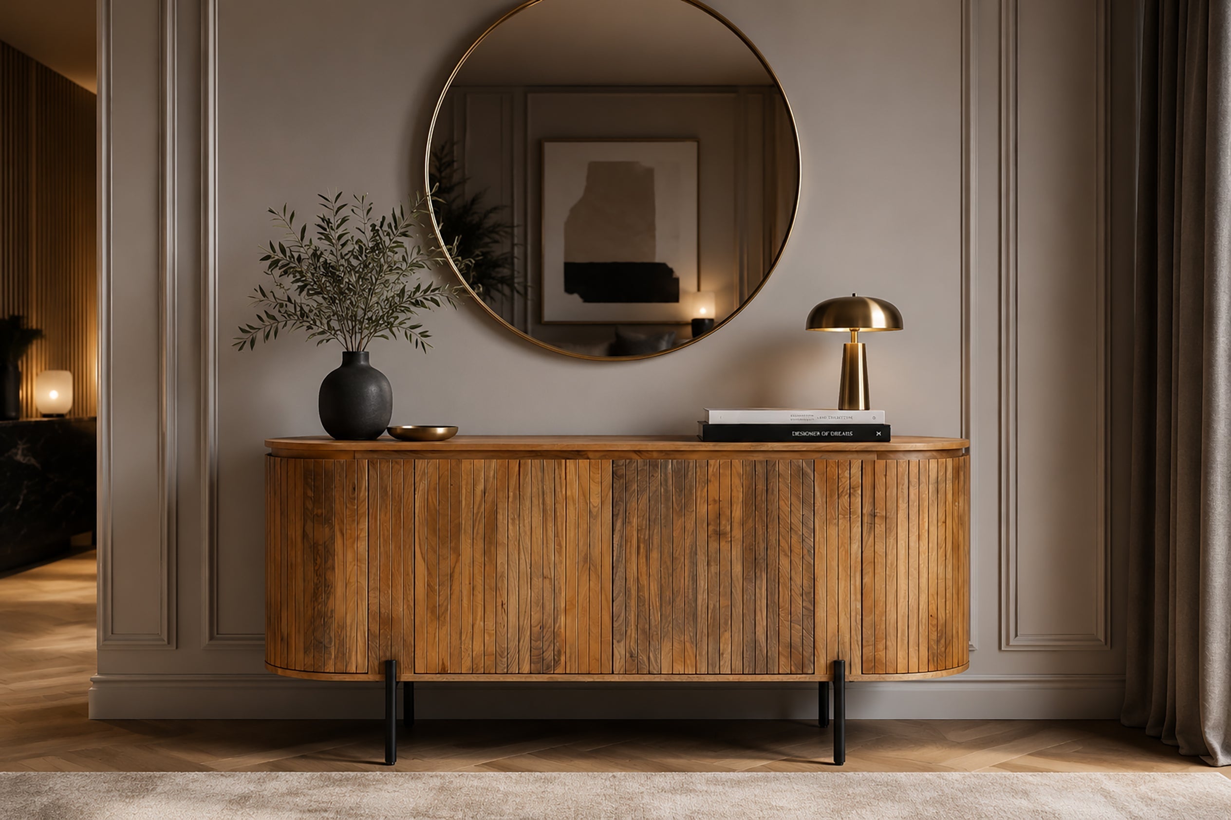 Buffet massif GATSBY 160cm bois de manguier naturel métal noir avec façade à lattes