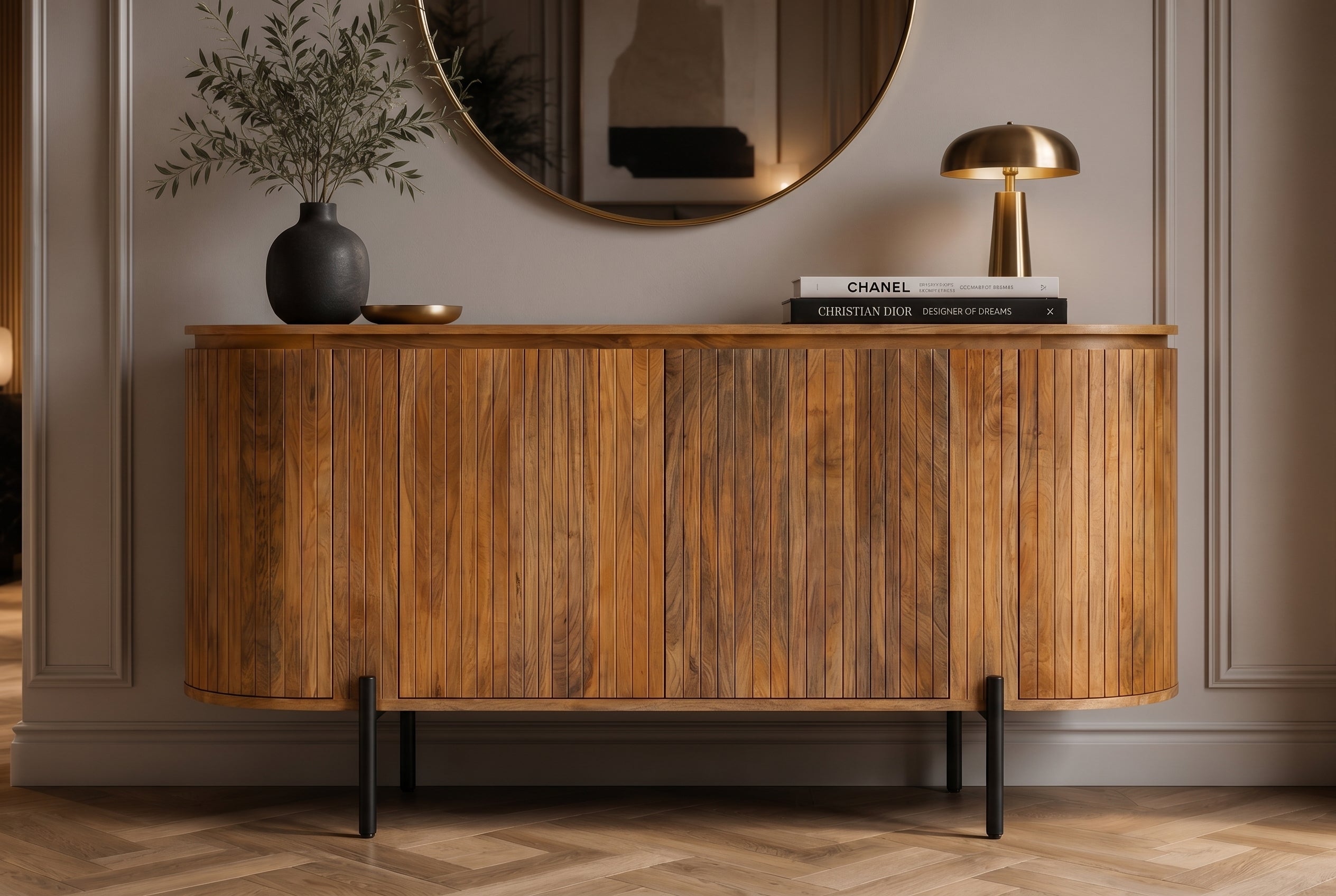 Buffet massif GATSBY 160cm bois de manguier naturel métal noir avec façade à lattes