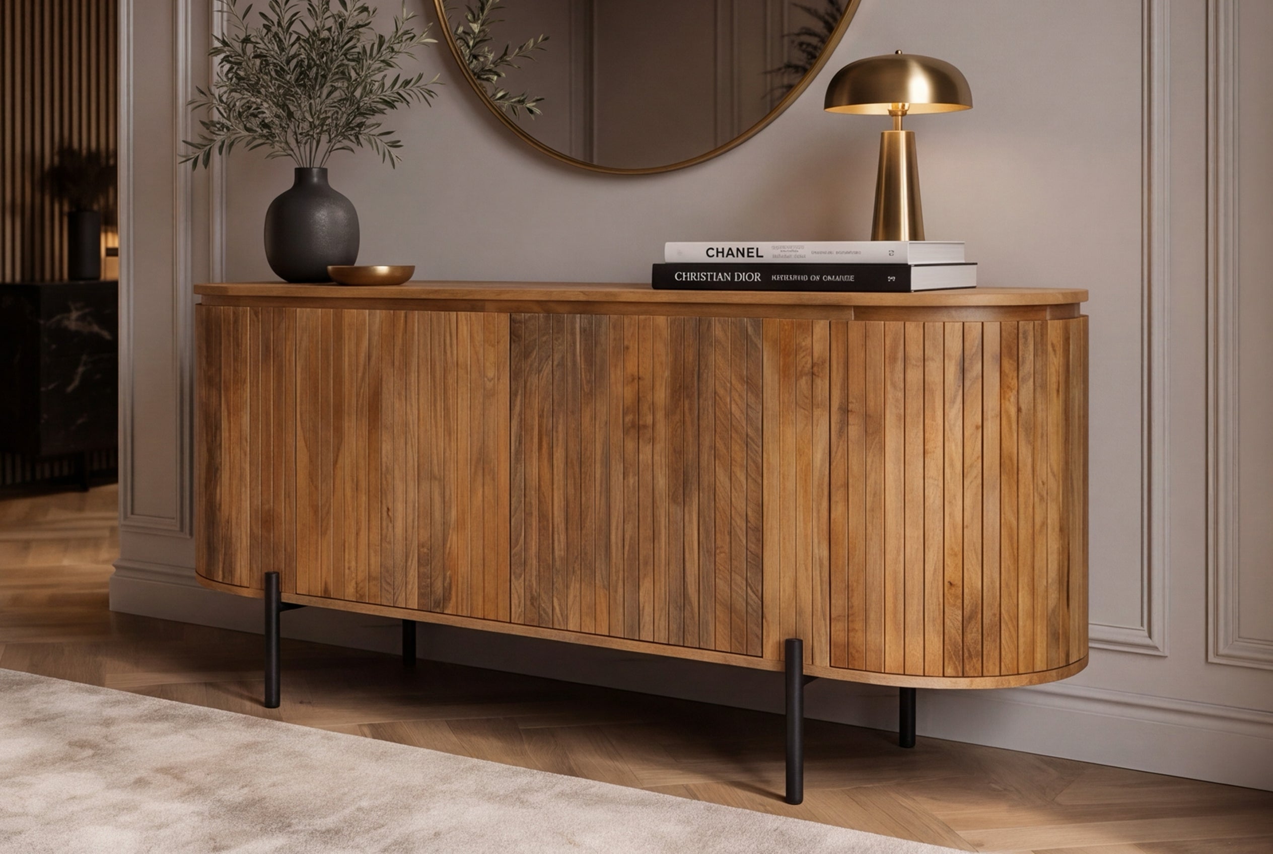 Buffet massif GATSBY 160cm bois de manguier naturel métal noir avec façade à lattes