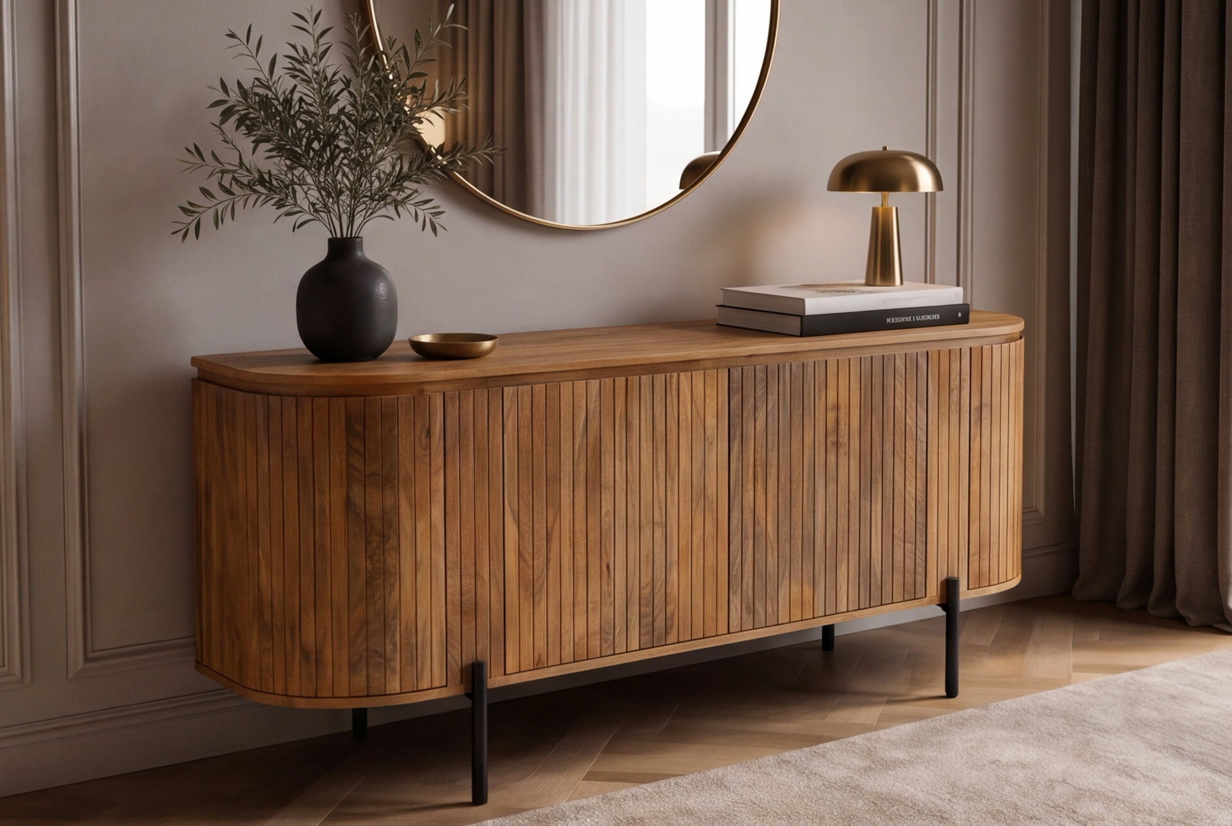 Buffet massif GATSBY 160cm bois de manguier naturel métal noir avec façade à lattes