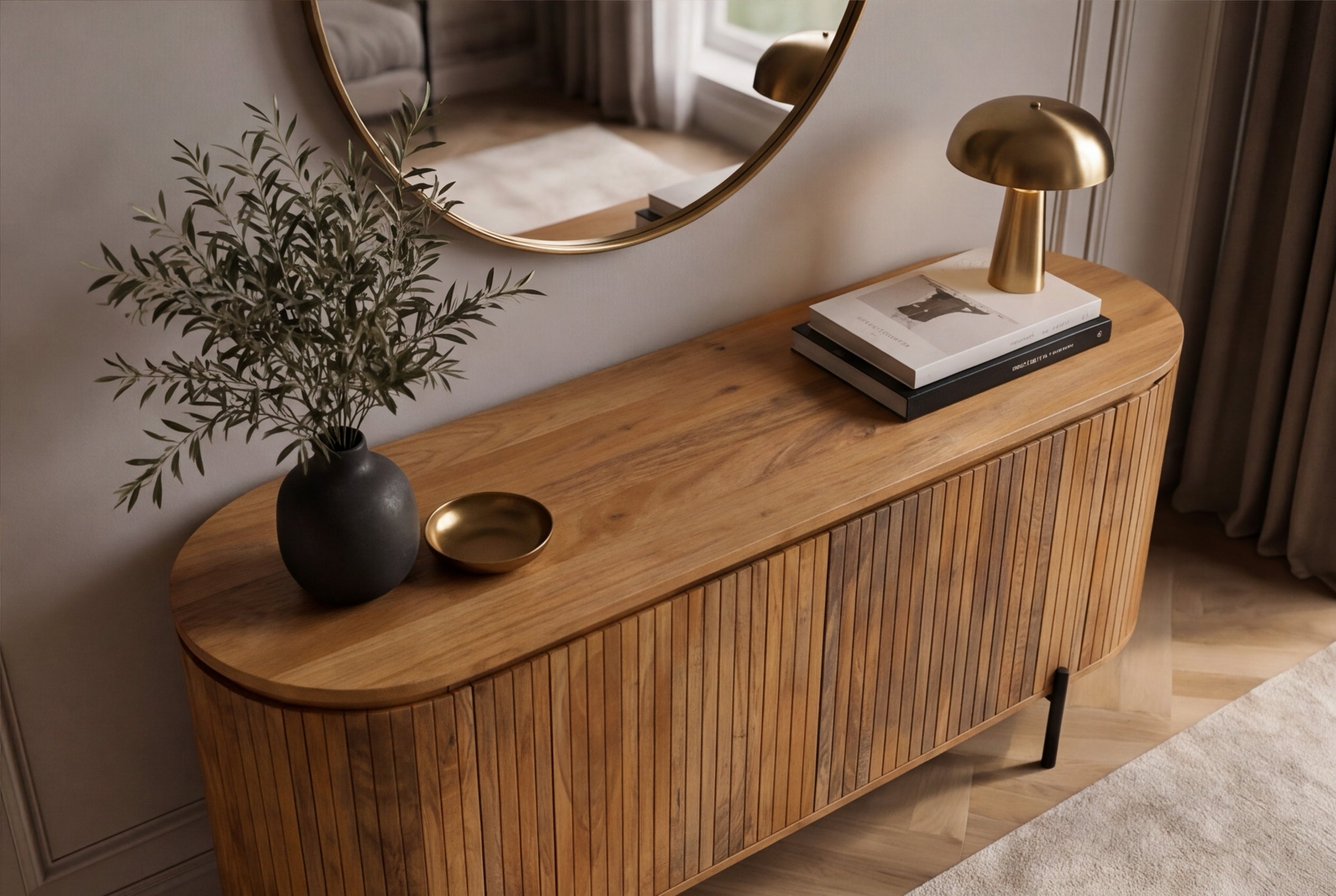 Buffet massif GATSBY 160cm bois de manguier naturel métal noir avec façade à lattes