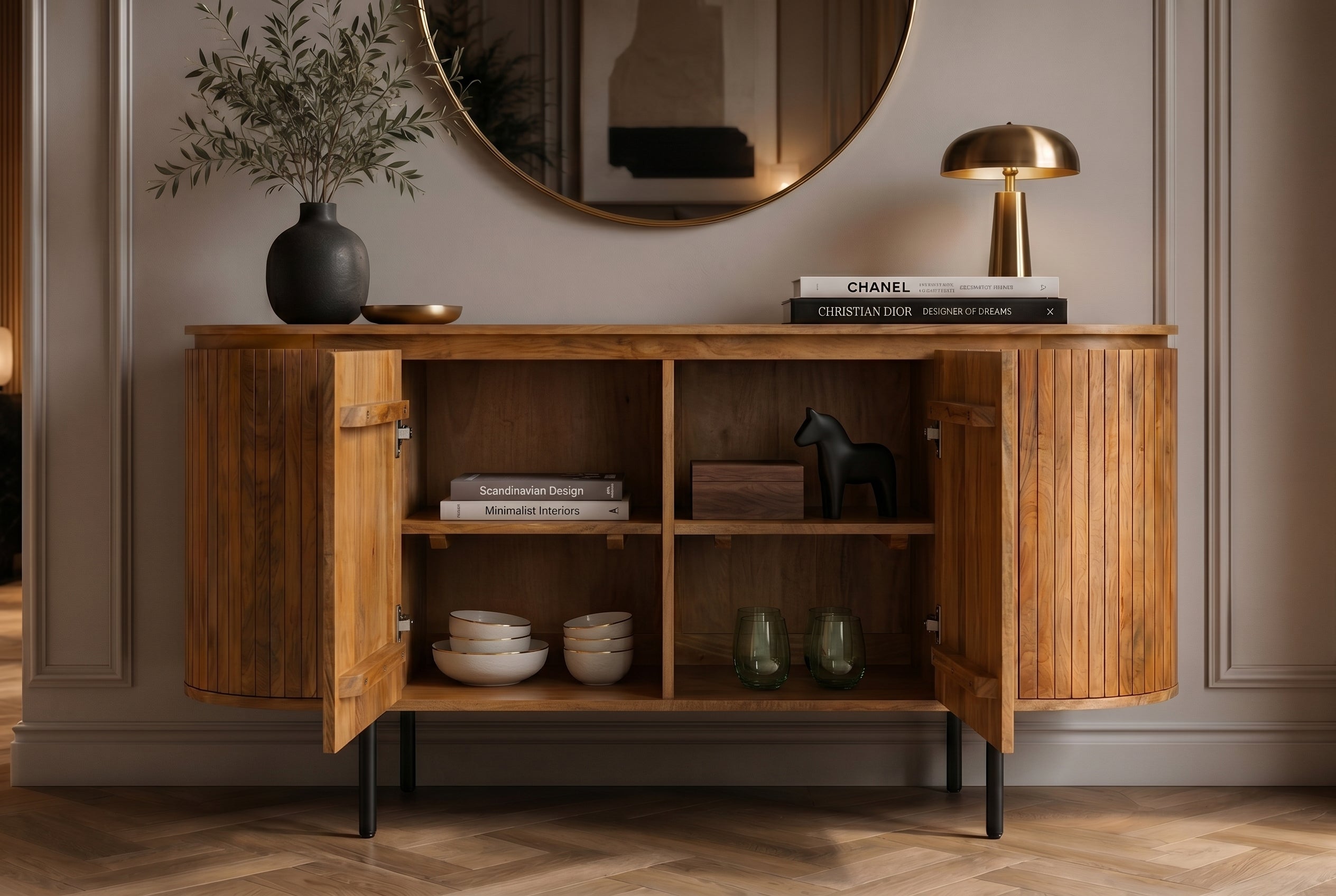 Buffet massif GATSBY 160cm bois de manguier naturel métal noir avec façade à lattes