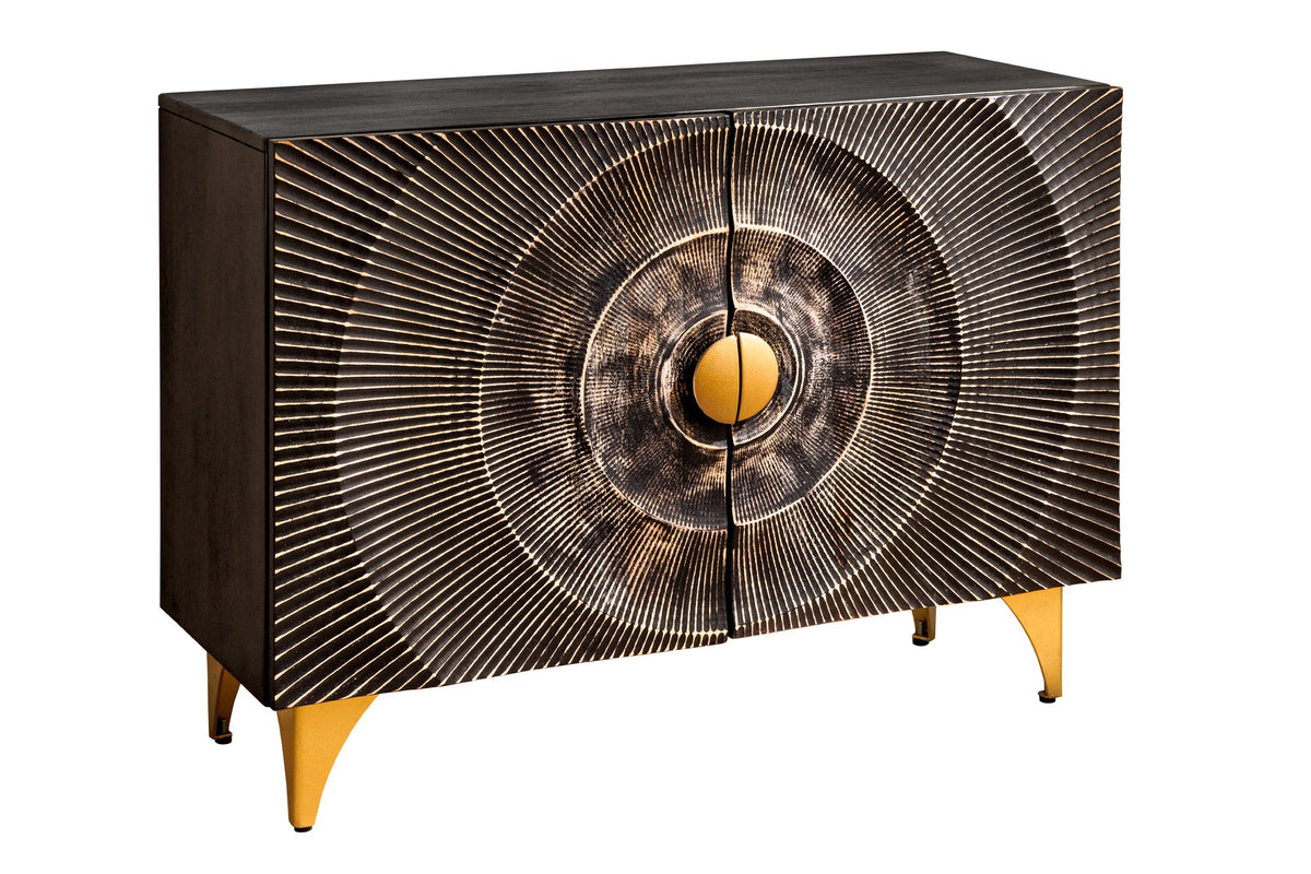 Buffet massif GOLDEN SUNSET 100cm bois de manguier noir sculpture 3D métal doré