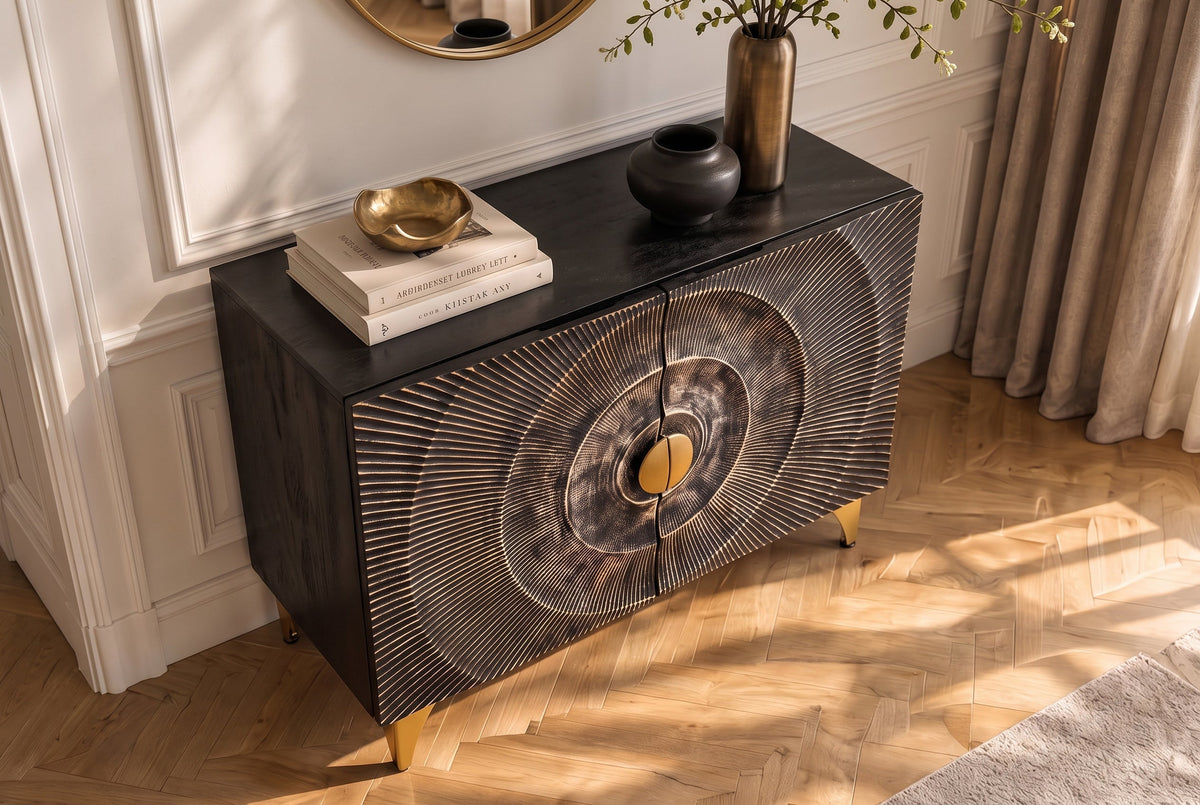 Buffet massif GOLDEN SUNSET 100cm bois de manguier noir sculpture 3D métal doré