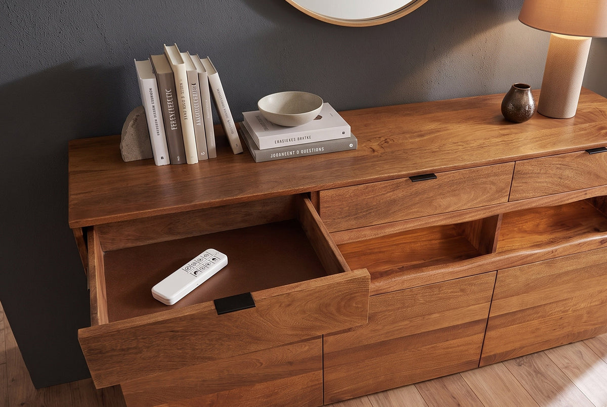 Buffet massif GRAND 180cm en manguier marron avec tiroirs lumineux LED