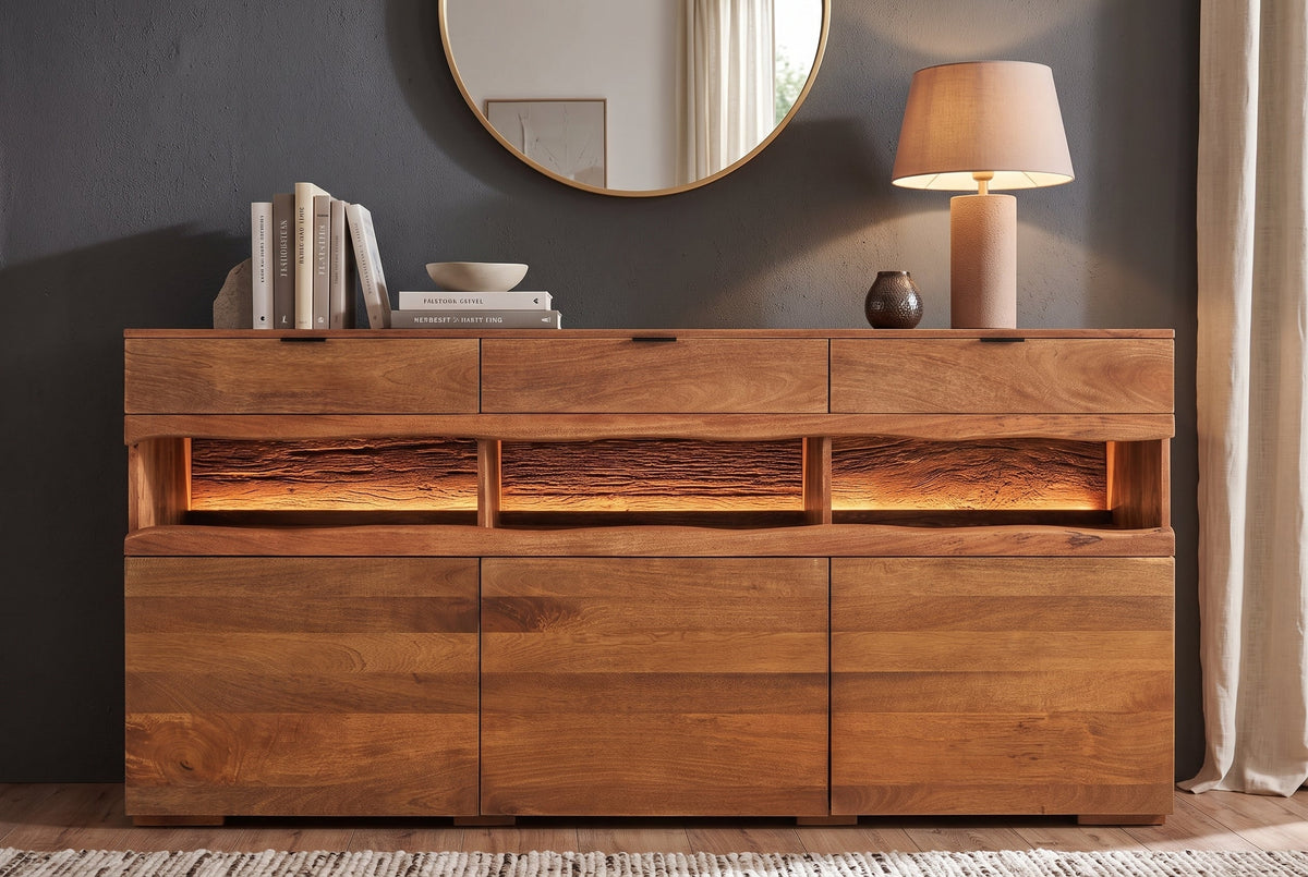 Buffet massif GRAND 180cm en manguier marron avec tiroirs lumineux LED