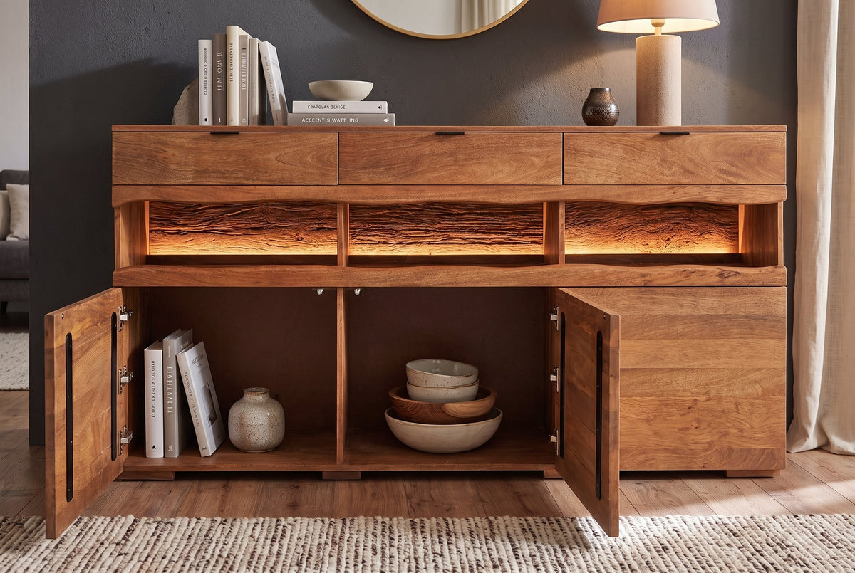 Buffet massif GRAND 180cm en manguier marron avec tiroirs lumineux LED
