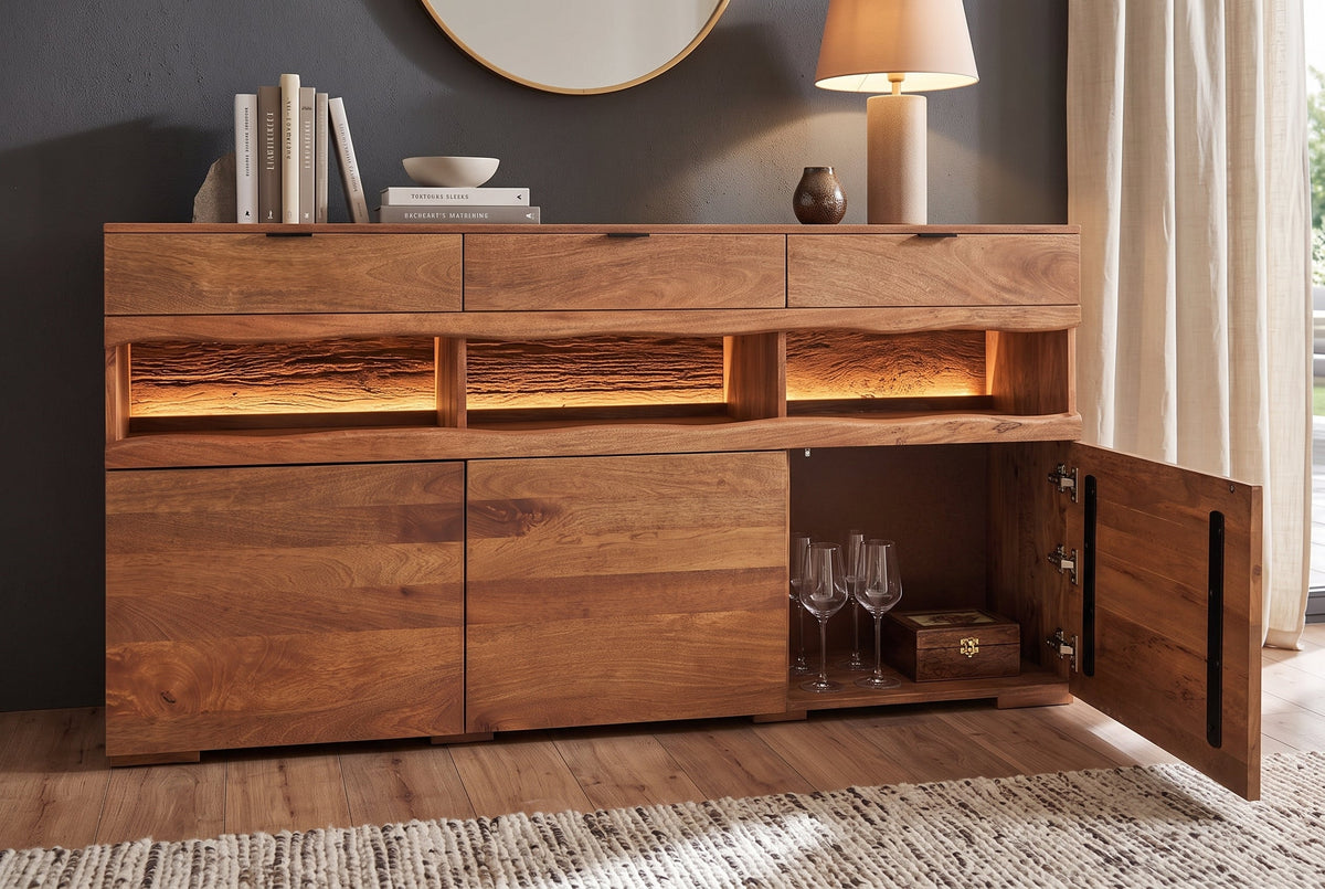 Buffet massif GRAND 180cm en manguier marron avec tiroirs lumineux LED