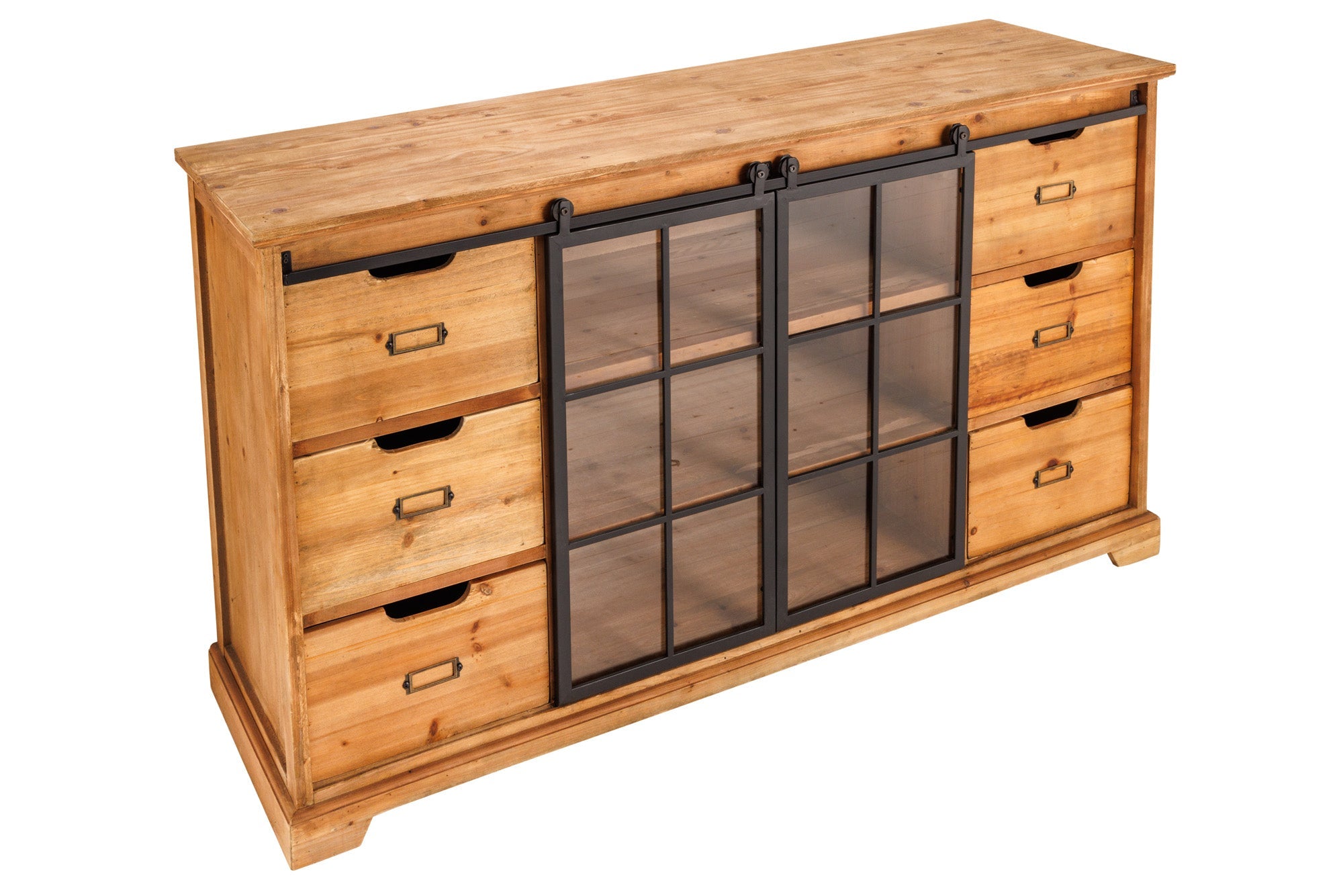 Buffet massif HERITAGE 150cm bois de pin naturel portes industrielles vitrine en métal