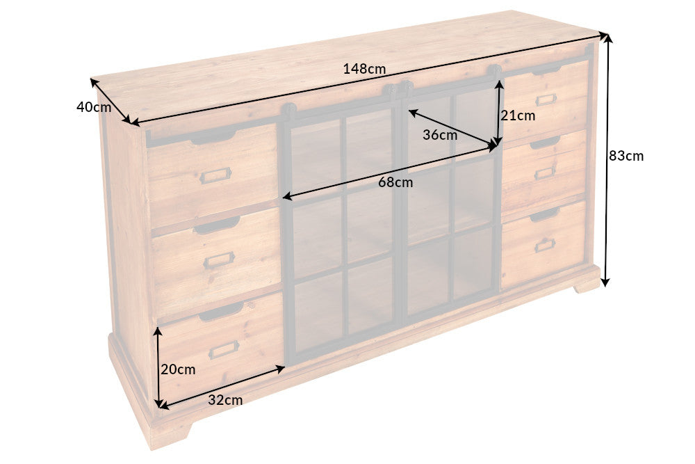 Buffet massif HERITAGE 150cm bois de pin naturel portes industrielles vitrine en métal