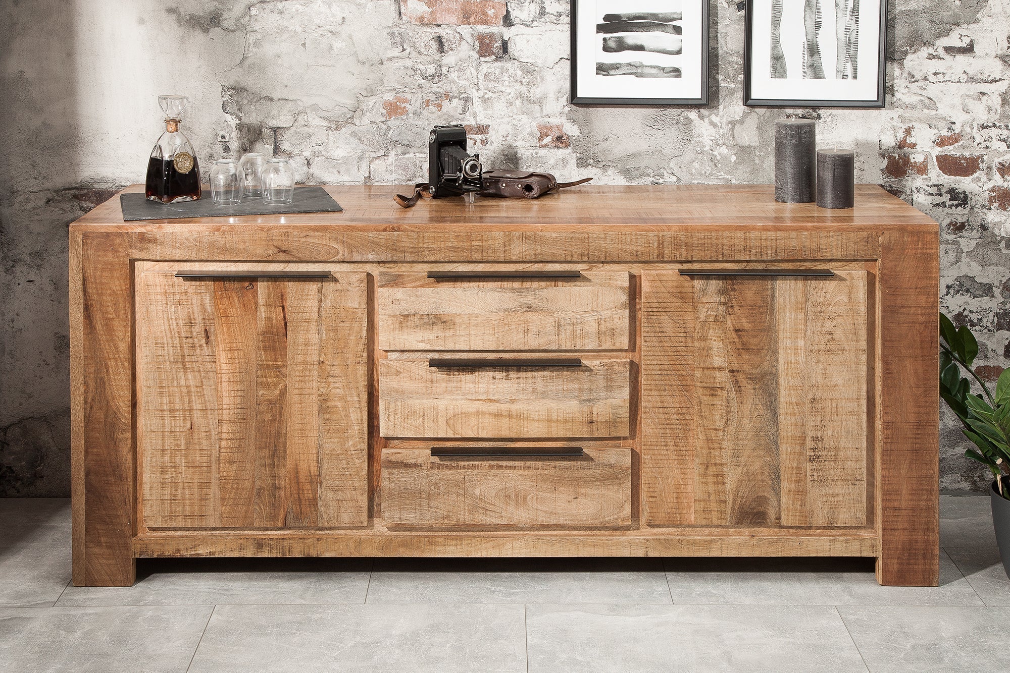 Buffet massif IRON CRAFT 175cm commode en bois de manguier avec tiroirs fait main