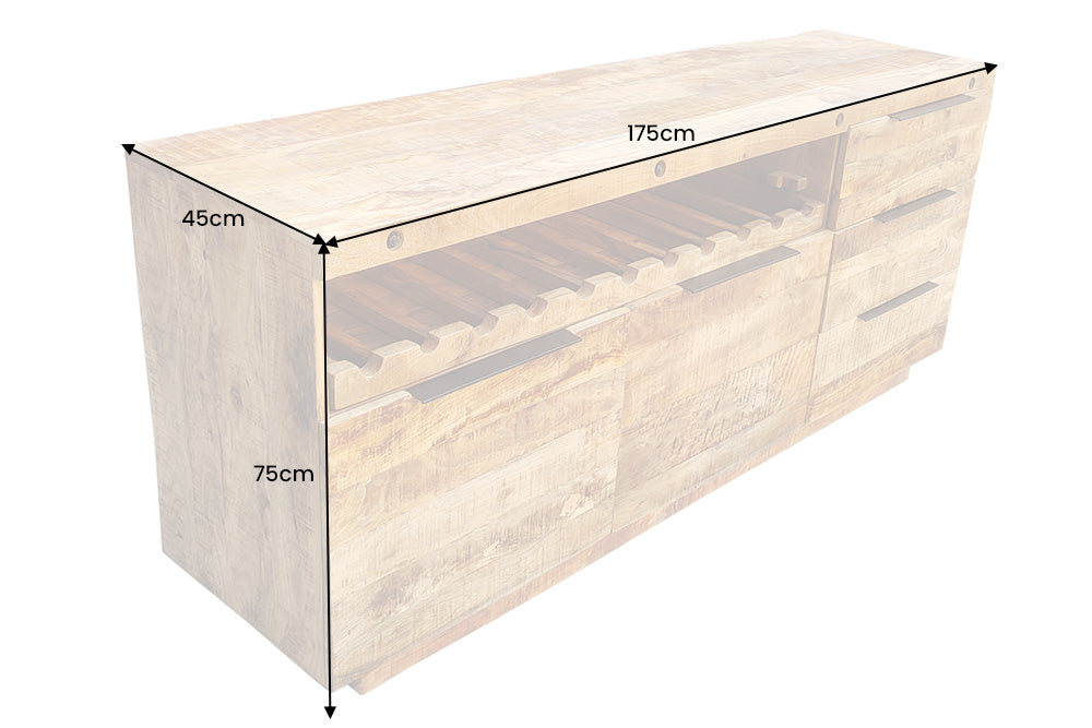 Buffet massif IRON CRAFT 175cm en bois de manguier naturel avec tiroirs casier à vin