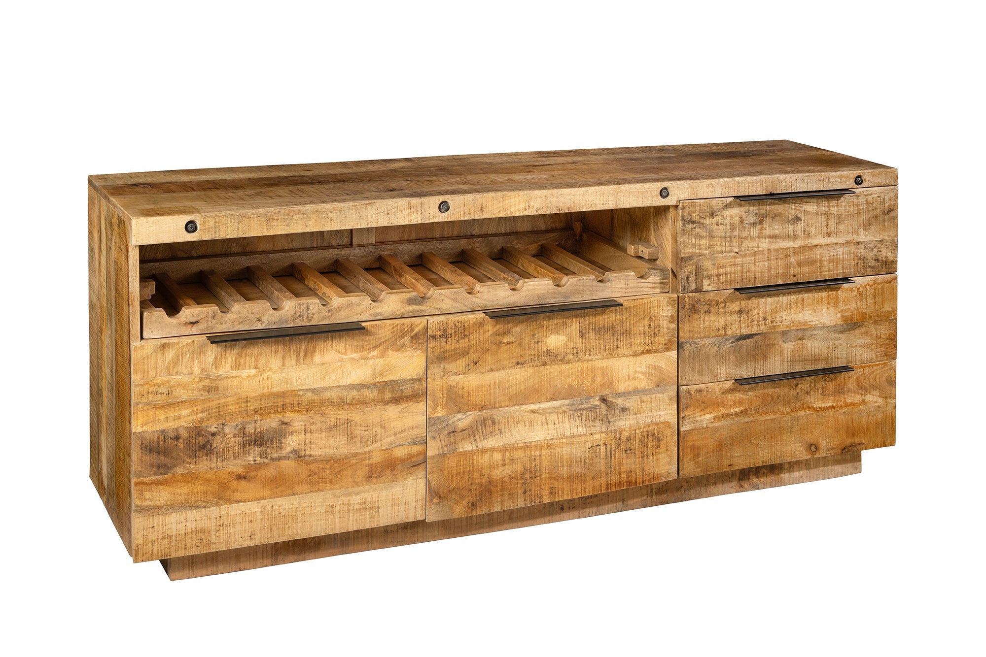 Buffet massif IRON CRAFT 175cm en bois de manguier naturel avec tiroirs casier à vin