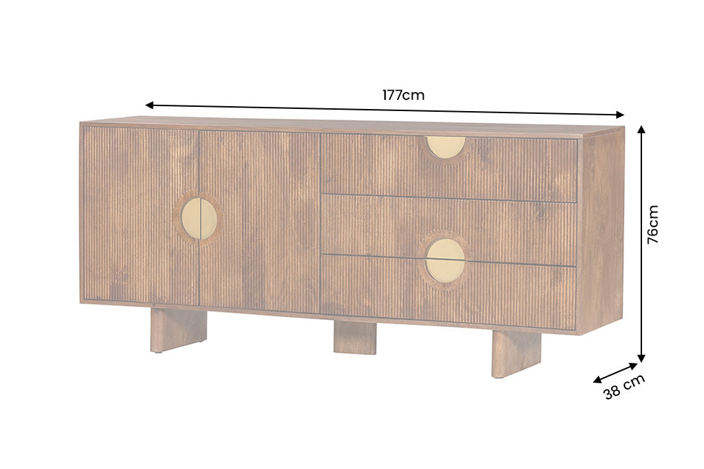 Buffet massif MADISON 180cm en manguier marron avec tiroirs et façade structurée