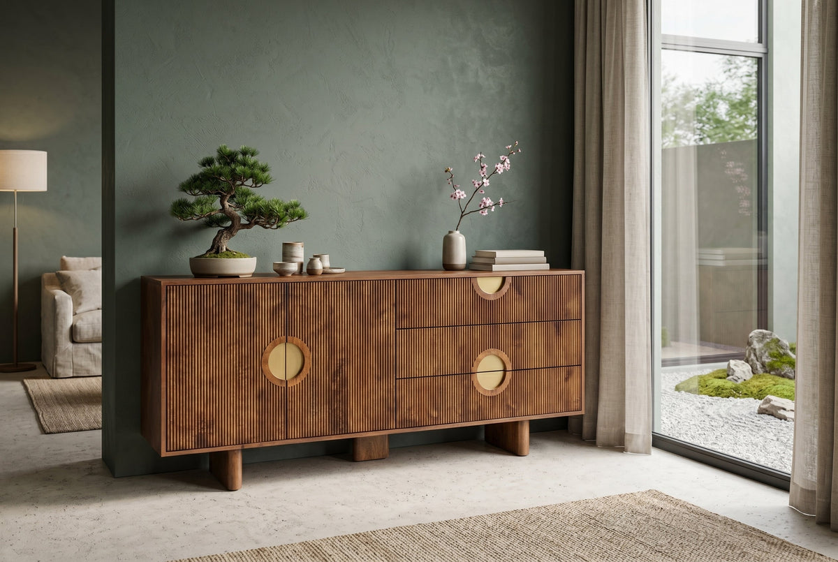 Buffet massif MADISON 180cm en manguier marron avec tiroirs et façade structurée