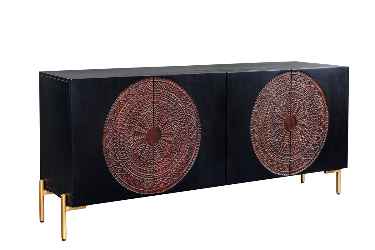 Buffet massif MANDALA 160cm en bois de manguier noir avec sculptures 3D pieds dorés