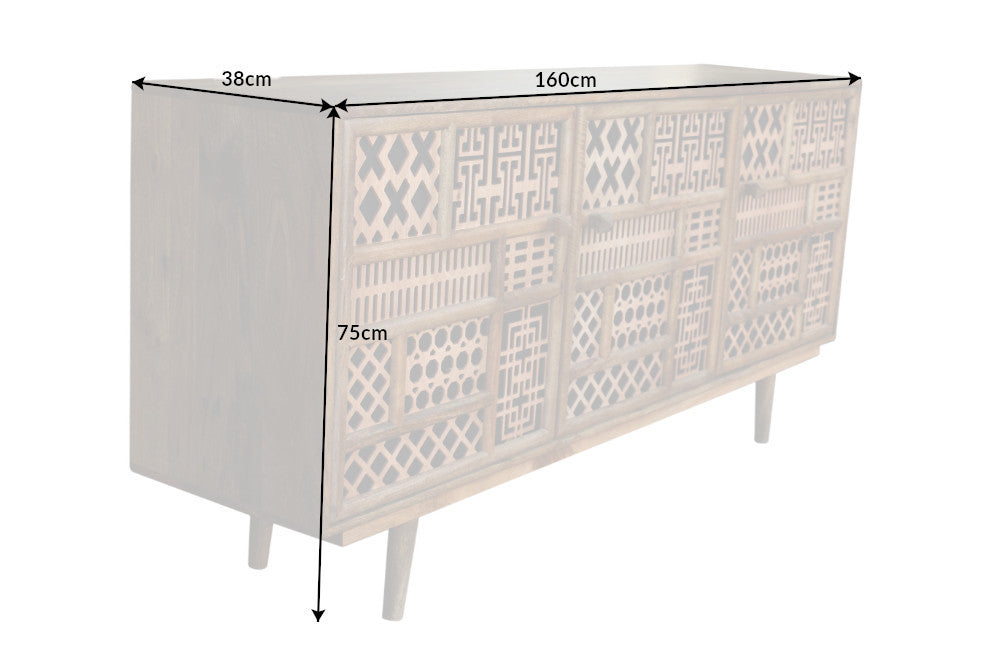 Buffet massif MARRAKESCH 160cm en manguier avec décoration style bohème
