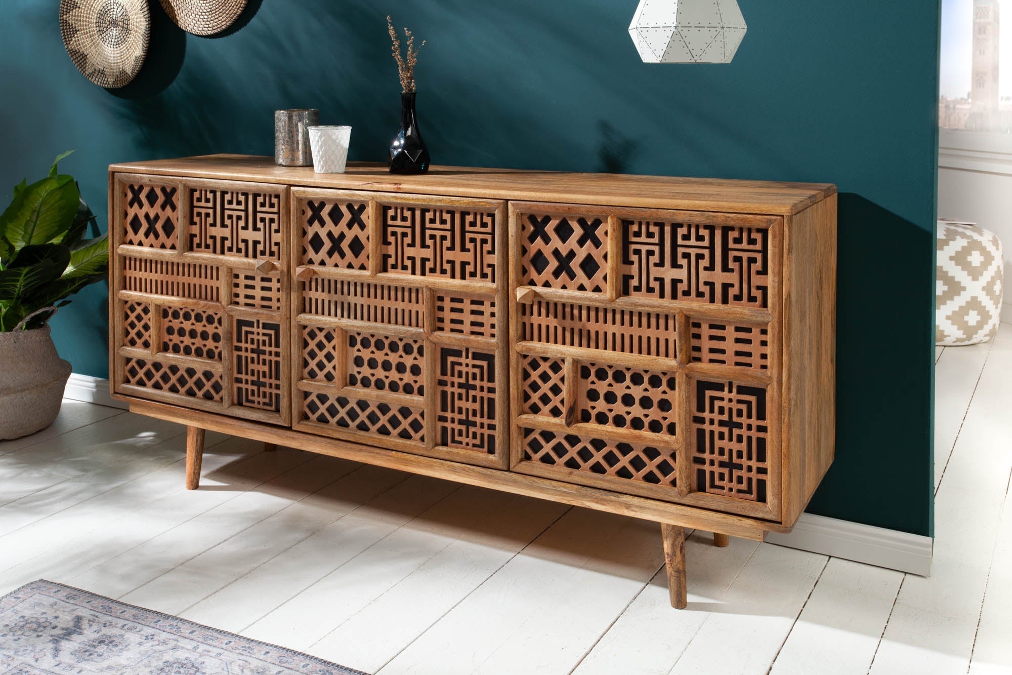 Buffet massif MARRAKESCH 160cm en manguier avec décoration style bohème