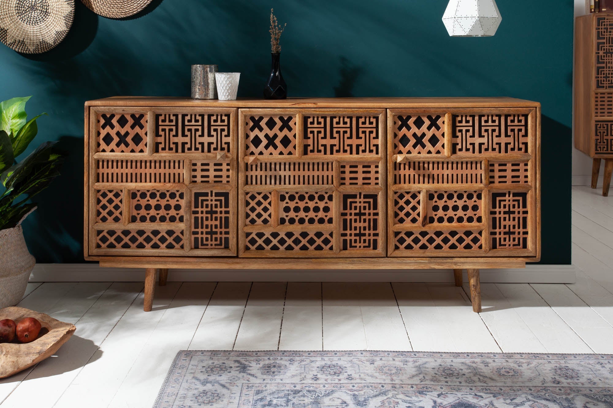 Buffet massif MARRAKESCH 160cm en manguier avec décoration style bohème
