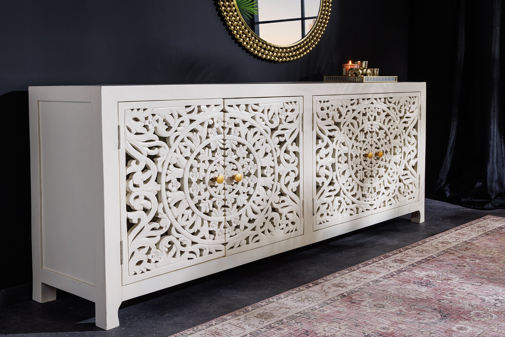 Buffet massif MARRAKESCH 170cm en manguier blanc avec décoration faite main