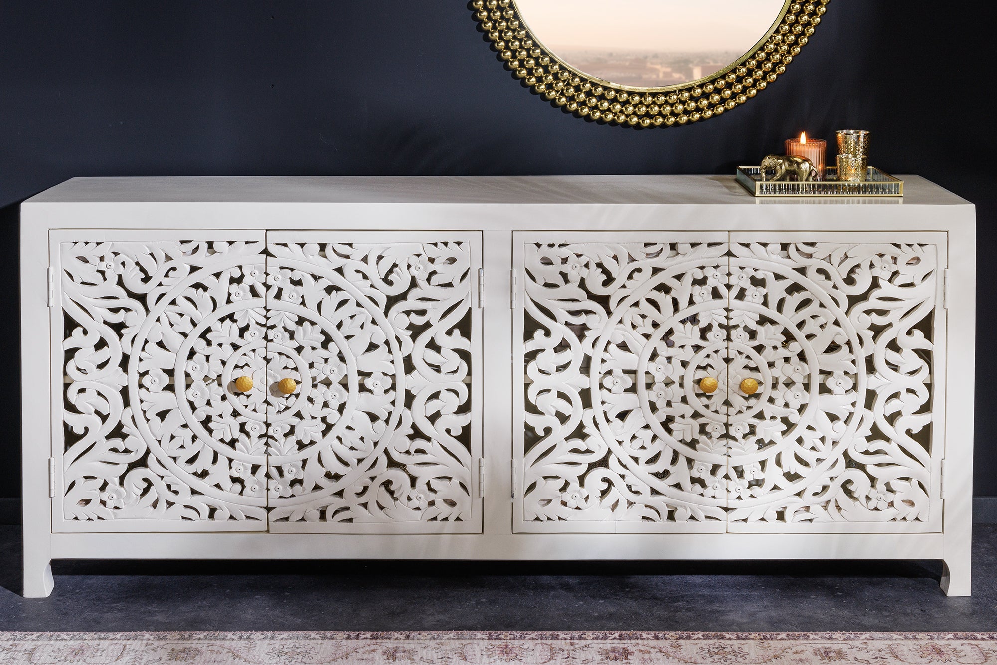 Buffet massif MARRAKESCH 170cm en manguier blanc avec décoration faite main