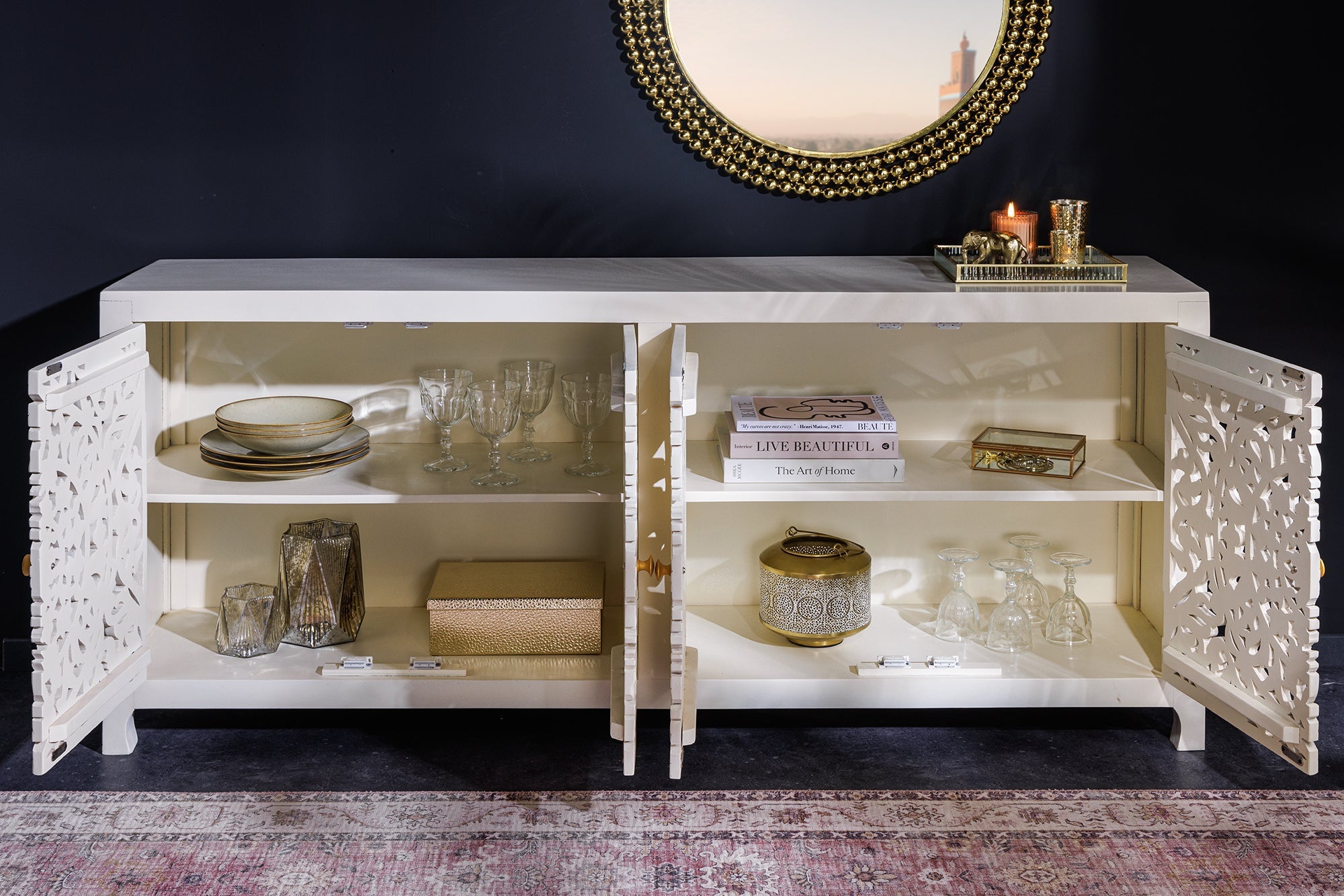 Buffet massif MARRAKESCH 170cm en manguier blanc avec décoration faite main