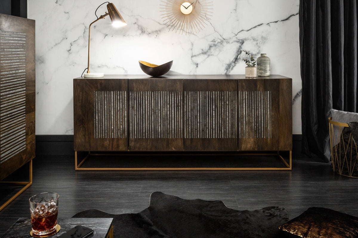 Buffet massif ONYX 180cm bois de manguier marron foncé pierre précieuse agate structure métal doré