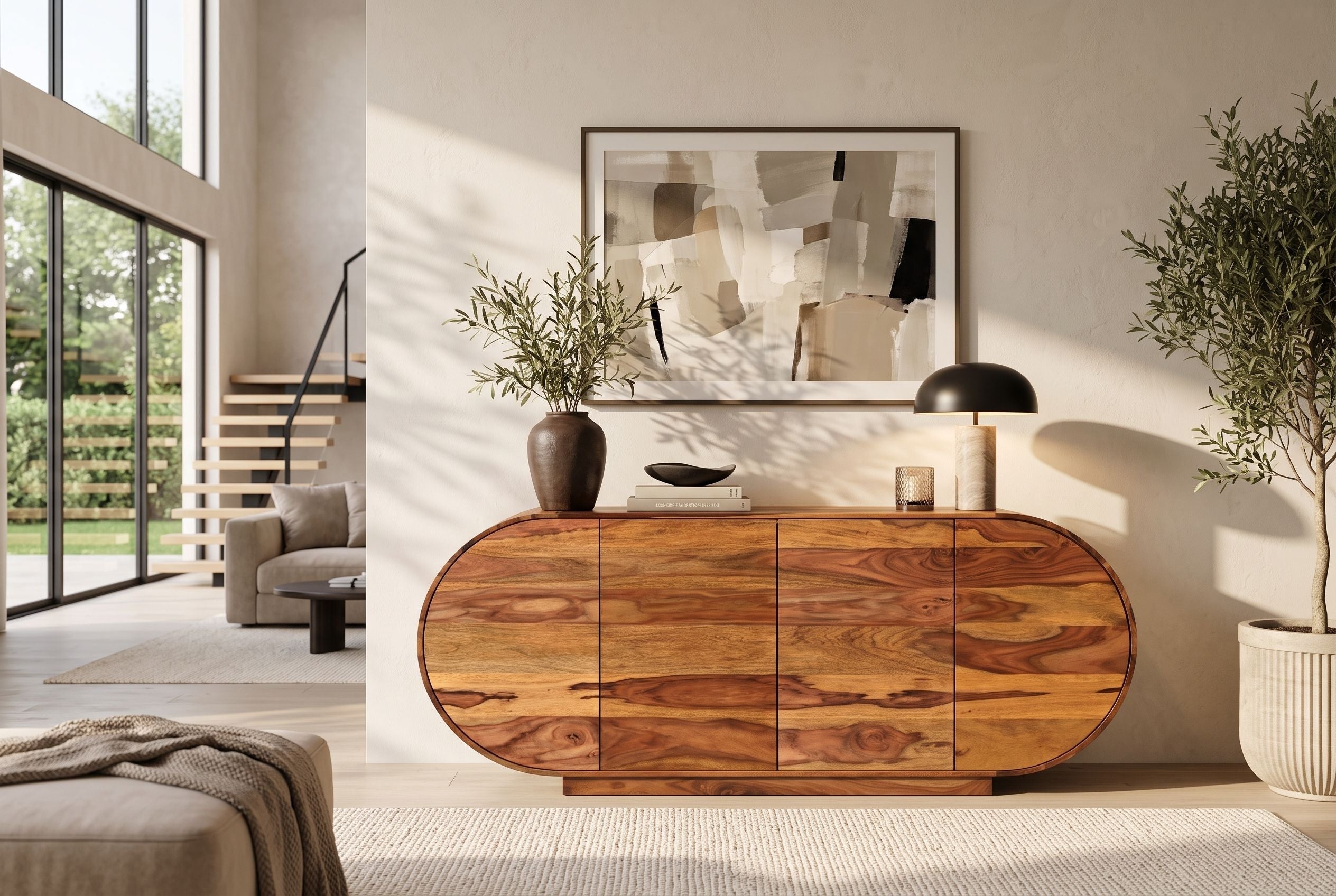Buffet massif ORGANIKO 180cm bois de sesham marron finition pierre ovale